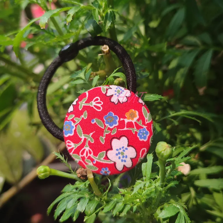 button hair tie, random color, various patterns, durable material, unique large round button design, handmade items