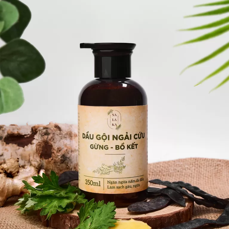 dầu gội ngải cứu, gừng, bồ kết giảm ngứa và gàu, làm sạch dầu thừa hiệu quả, giảm gàu cho mái tóc khỏe, hạn chế gãy rụng, việt nam, salaka, chus