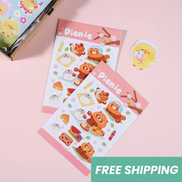 sticker dã ngoại, sticker hình mèo và gấu trúc, hình dán trang trí sổ tay đáng yêu, sticker dán ốp lưng điện thoại