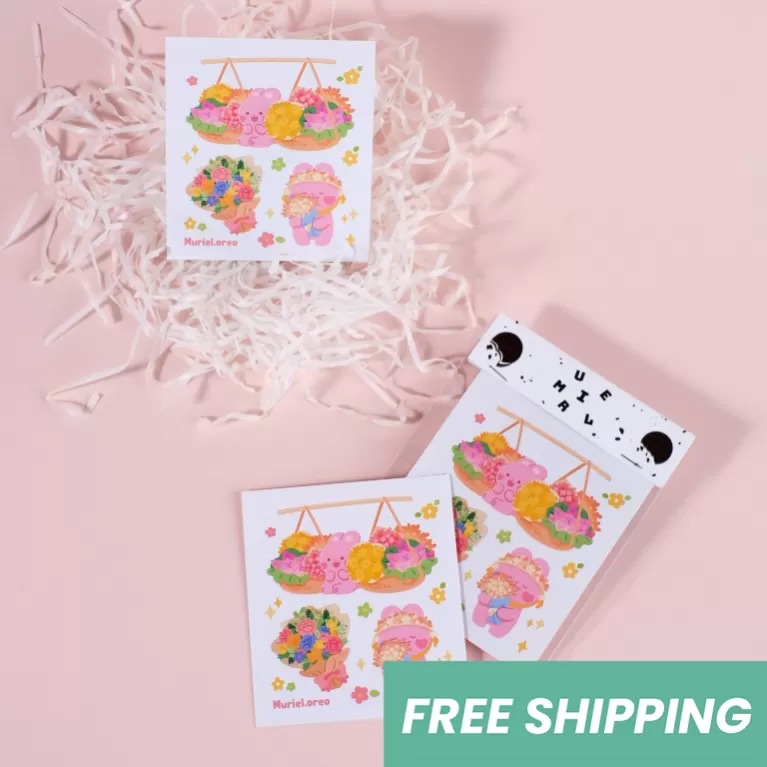 flower stickers, pink bunny hugging flower stickers, notebook decorations, phone decorations, cute stickers, gifts for friends