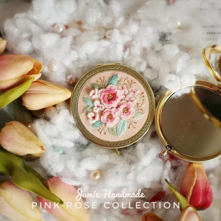 rose hand embroidered mirror, lovely rose patterns, sweet and feminine pink color, elegant, compact handheld mirror