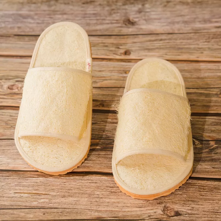open toe loofah slippers, sweat absorbing sandals, handmade pumpkin fiber sandals, unisex pumpkin fiber sandals, indoor wearing sandals