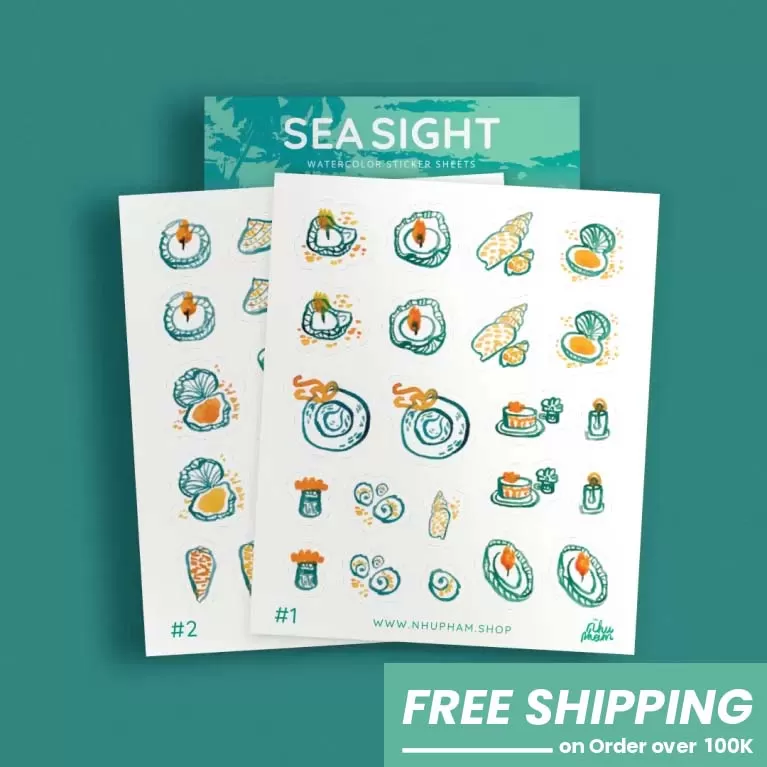 sea sight sticker, set of two, seafood dish patterns, simple and refined brush strokes, creative focal points