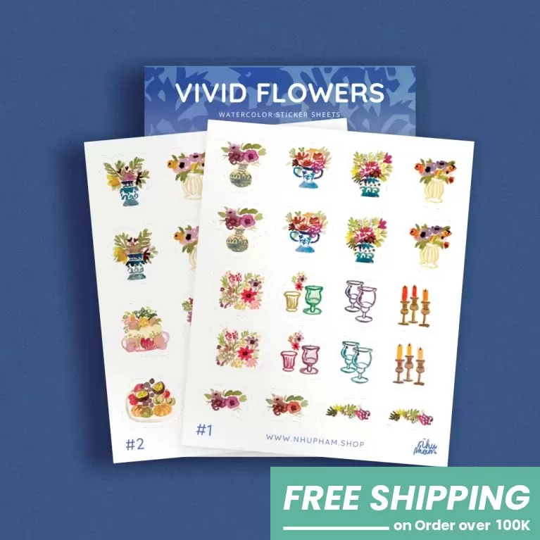 sticker các loài hoa sống động, bộ 2 tấm, họa tiết hoa sắc nét và sinh động, nét vẽ độc đáo, màu sắc rực rỡ