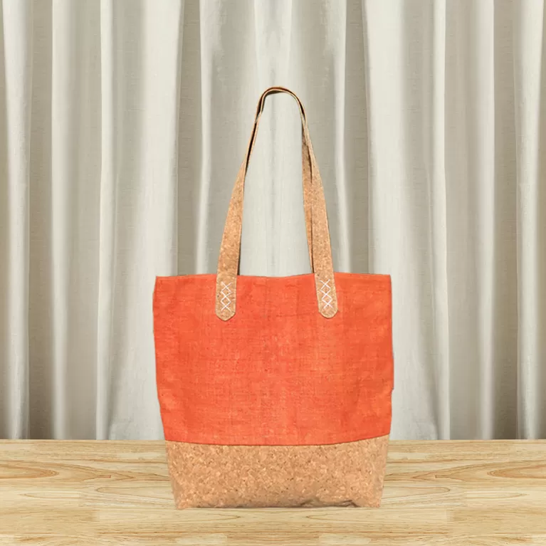 hemp cork bag with brocade patterns, vietnamese handmade bag, simple and youthful design, environmentally friendly
