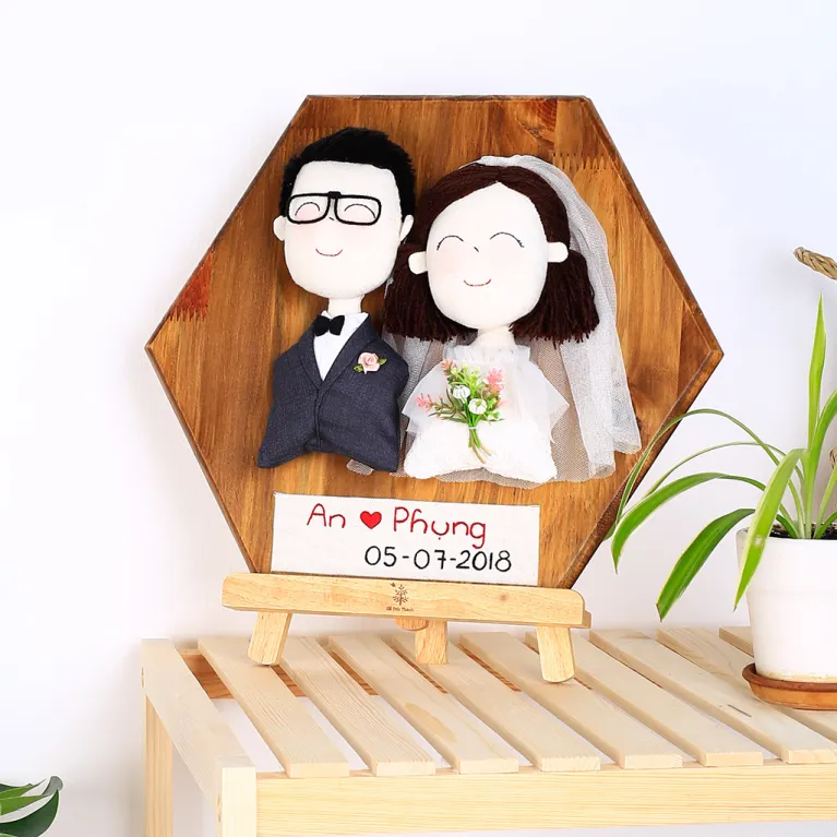 hexagonal wooden frame with bride and groom art dolls, ideal wedding gift, sophisticated design, meaningful decorative accessory