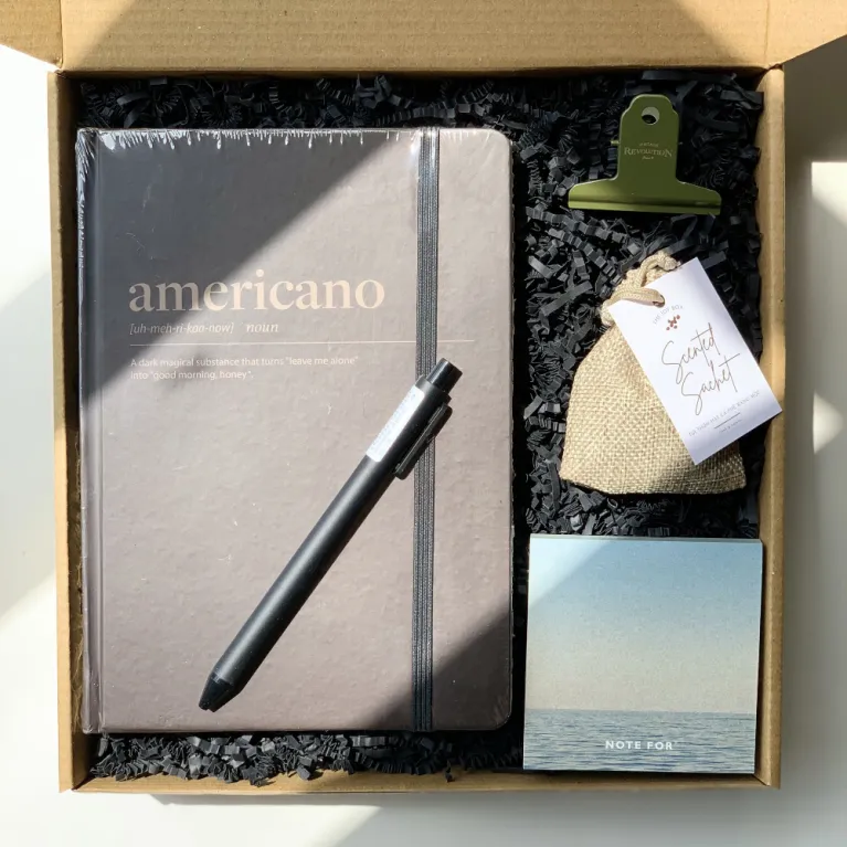 gift box, notebook, gel pen , sticky note