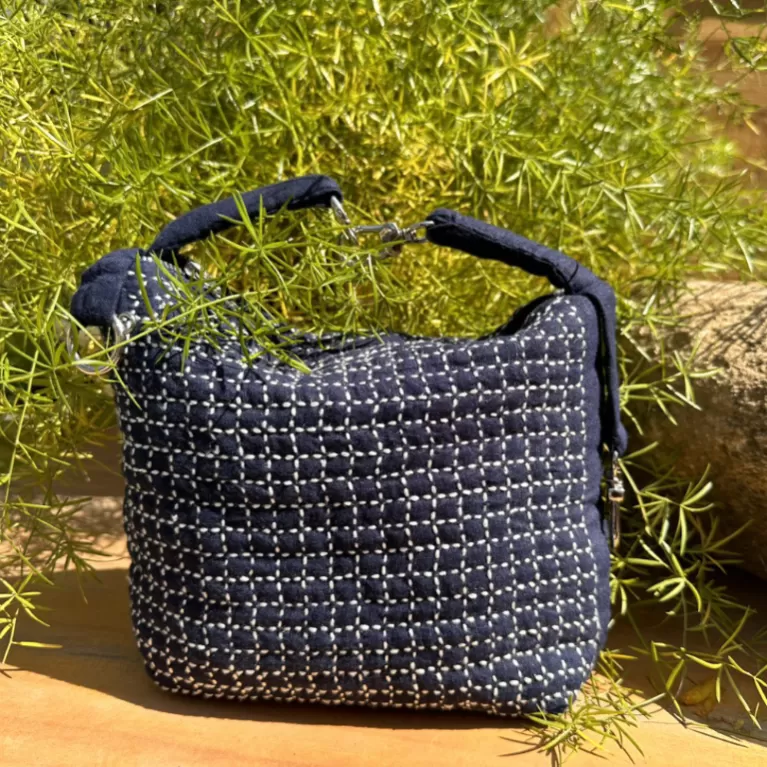 “bình” sashiko embroidery linen bag, navy blue, soft and durable fabric, adjustable strap length, versatile carrying styles