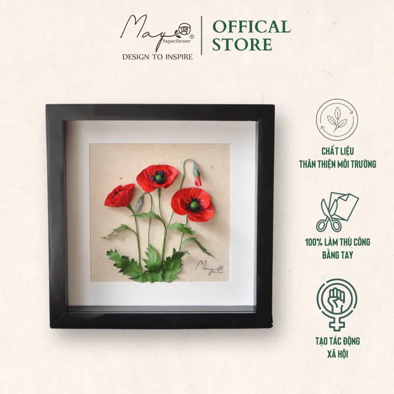 Handmade Paper Flower Painting - Poppy With Dó Paper MAYPAPERFLOWER 30x40cm Wooden Frame