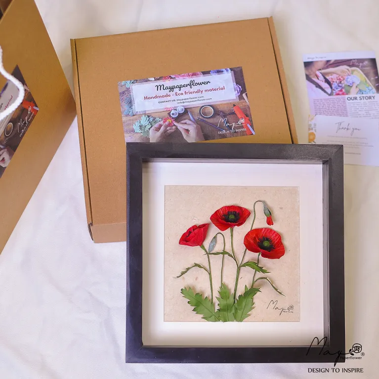 Handmade Paper Flower Painting - Poppy With Dó Paper MAYPAPERFLOWER 30x40cm Wooden Frame