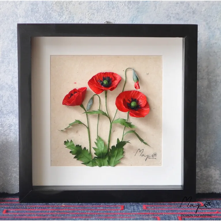 Handmade Paper Flower Painting - Poppy With Dó Paper MAYPAPERFLOWER 30x40cm Wooden Frame