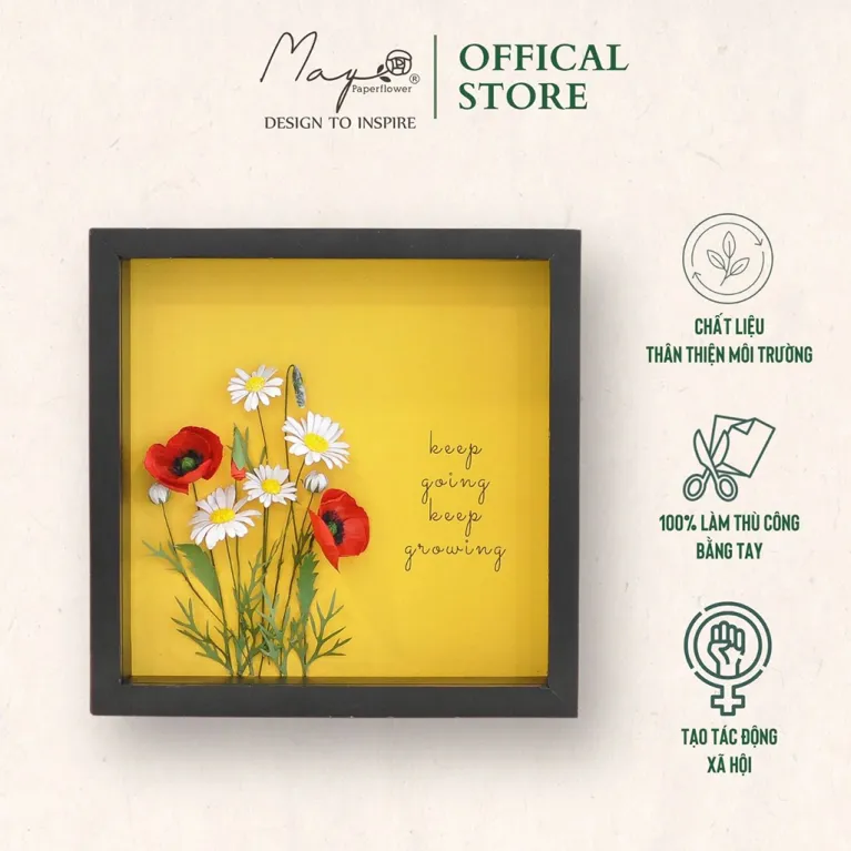 Tranh Hoa Giấy Handmade Trang Trí - Poppy Garden MAYPAPERFLOWER Khung Gỗ Size 25x25cm