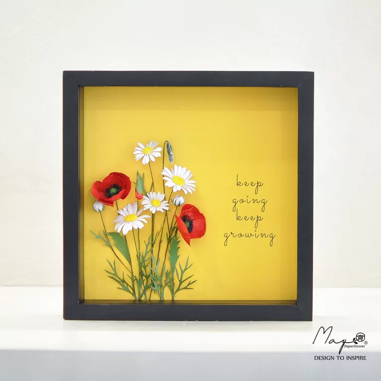 Handmade Paper Flower Painting - Poppy Garden MAYPAPERFLOWER With 25x25cm Wooden Frame