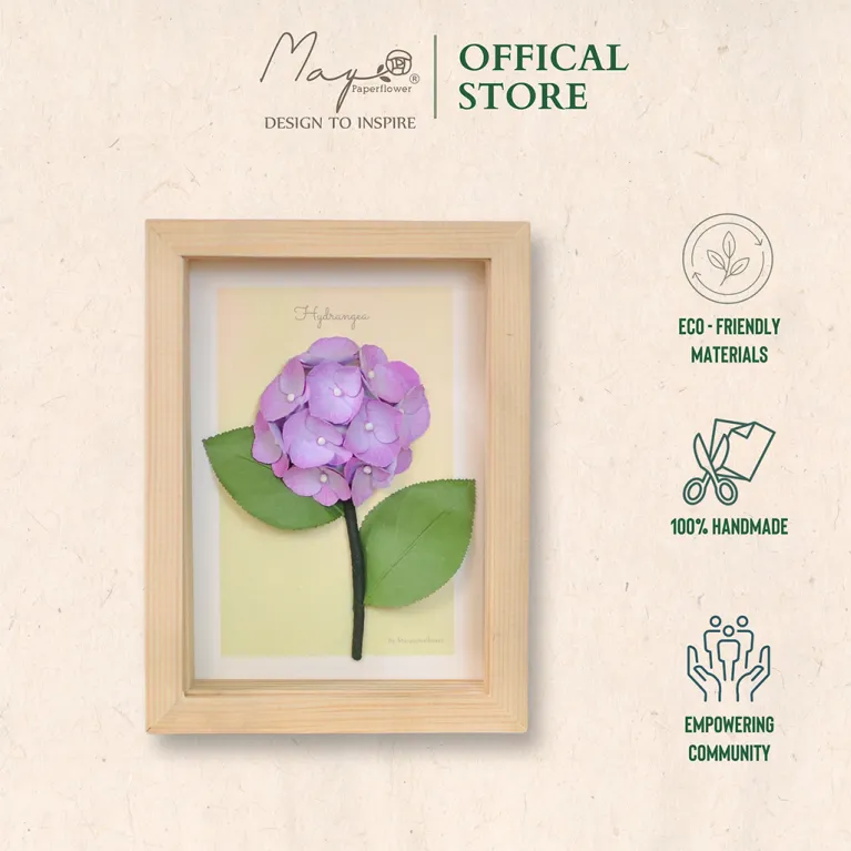 Tranh Hoa Giấy Handmade Trang Trí - Hoa Cẩm Tú Cầu MAYPAPERFLOWER Khung Tranh Gỗ Size 15 x 20cm