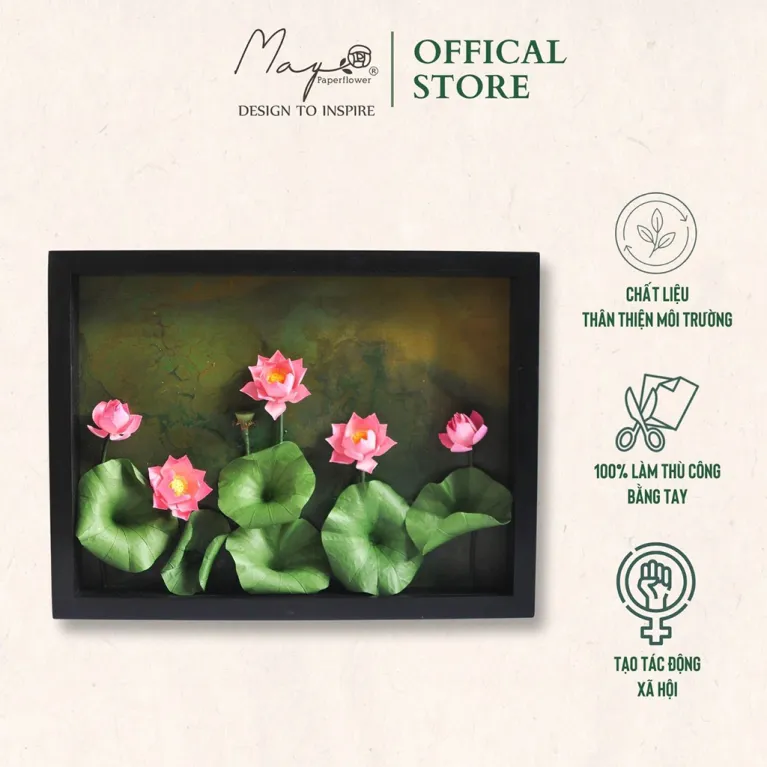 Tranh Hoa Giấy Handmade Trang Trí - Vietnam Hồ Sen (Nền Vẽ) MAYPAPERFLOWER Khung Gỗ Size 30x40cm