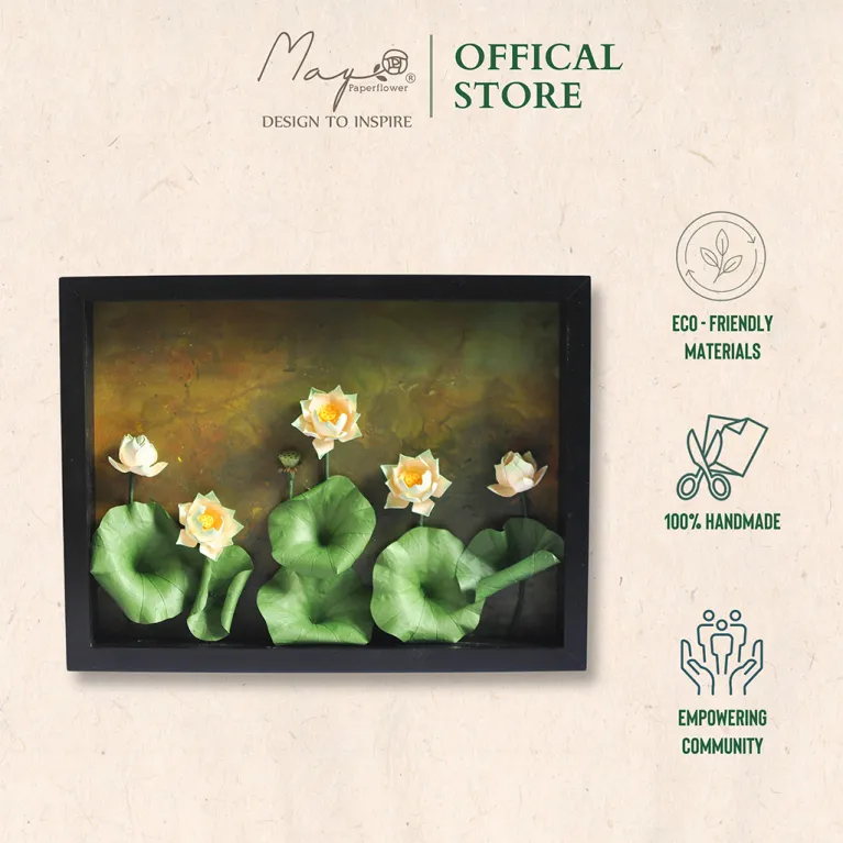 Tranh Hoa Giấy Handmade Trang Trí - Vietnam Hồ Sen (Nền Vẽ) MAYPAPERFLOWER Khung Gỗ Size 30x40cm
