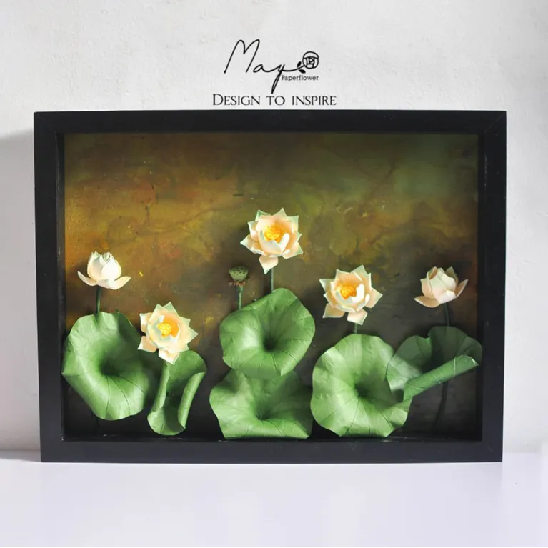 Tranh Hoa Giấy Handmade Trang Trí - Vietnam Hồ Sen (Nền Vẽ) MAYPAPERFLOWER Khung Gỗ Size 30x40cm