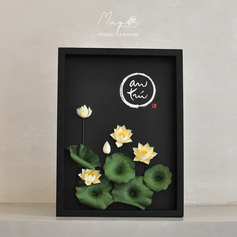 Handmade Paper Flower Painting - Lotus With Calligraphy MAYPAPERFLOWER 30x40cm Wooden Frame
