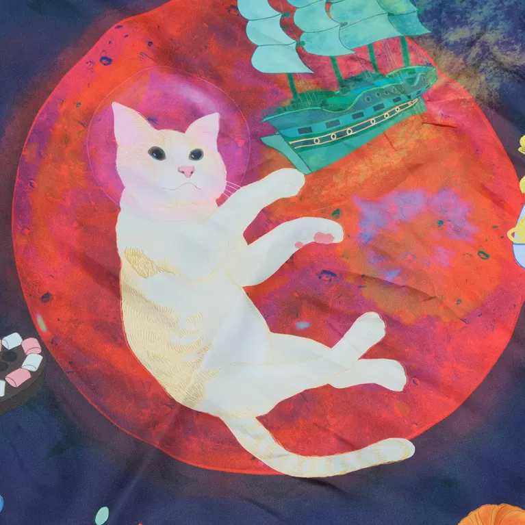 the cat & moon satin scarf, red background, surreal print scarf, premium satin silk scarf, silk neck wrap, gift for relatives