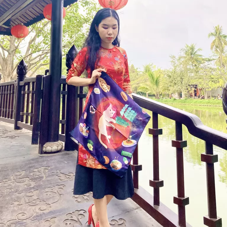 the cat & moon satin scarf, red background, surreal print scarf, premium satin silk scarf, silk neck wrap, gift for relatives