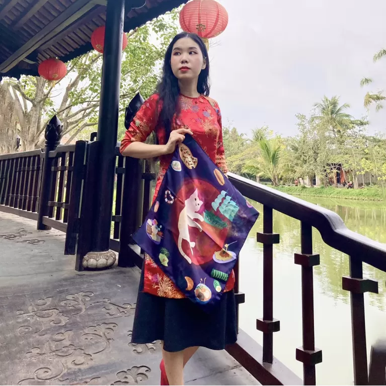 the cat & moon satin scarf, red background, surreal print scarf, premium satin silk scarf, silk neck wrap, gift for relatives