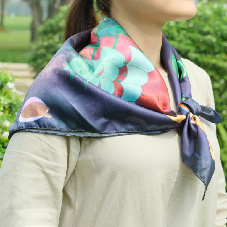the cat & moon satin scarf, red background, surreal print scarf, premium satin silk scarf, silk neck wrap, gift for relatives