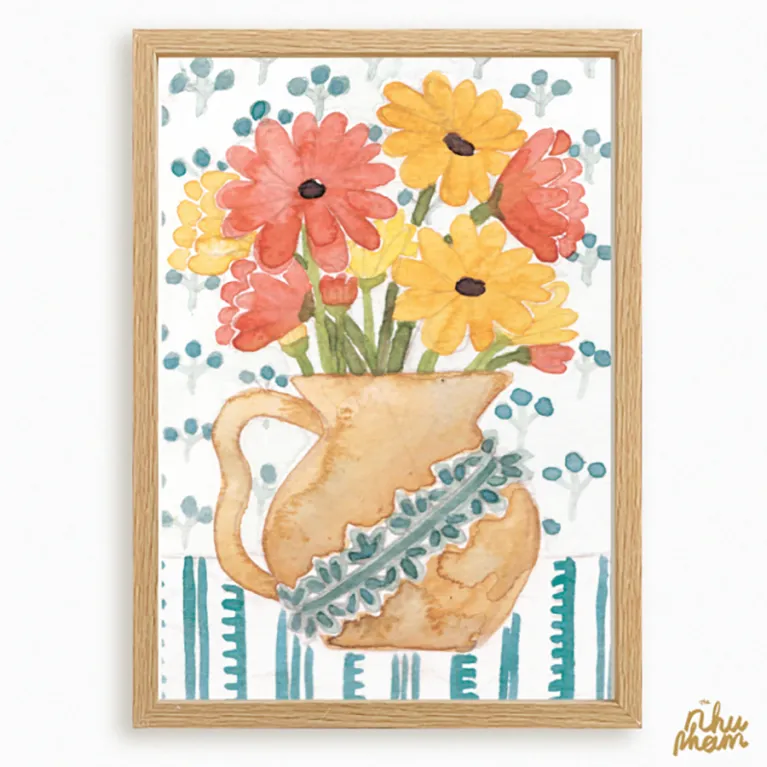 daisies at home decorative art print, size a3 / a4, included frame, harmonious colors, simple and elegant design, artistic accent