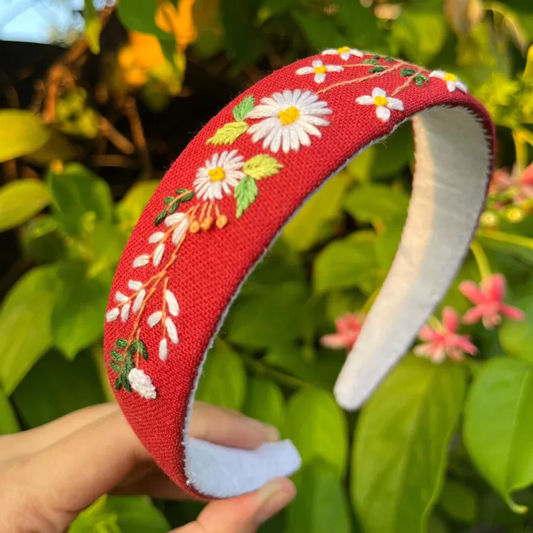 floral embroidery bow hair tie, spring garden collection, linen material, sweet colors, gift for feminine girls