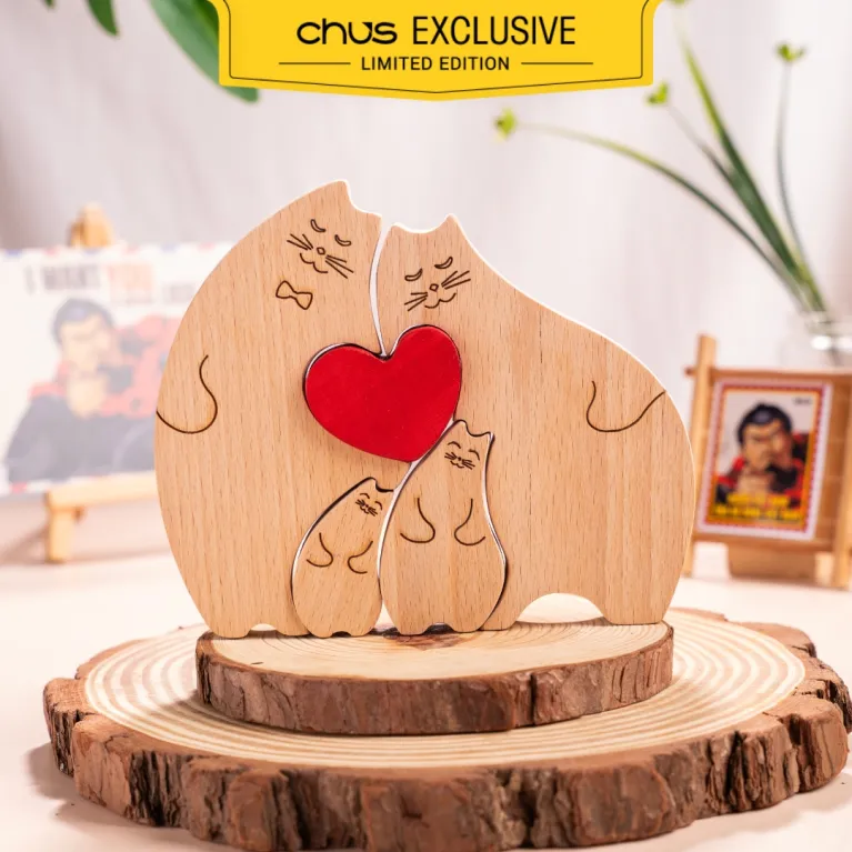 personalized gifts, cat family, family gift, gift, quà tặng cá nhân hoá, tượng gỗ khắc tên