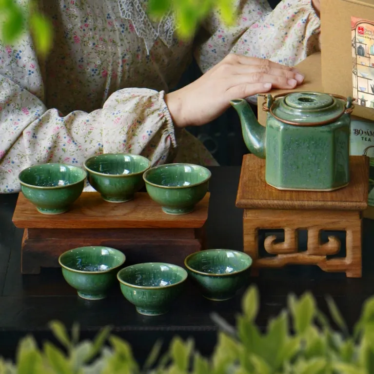 Hexagonal Tea Set, Crystal Green Collection, Perfect Housewarming Gift, Handcrafted Vietnamese Tea Set, Meaningful Gift, Easy Care & Dishwasher Safe