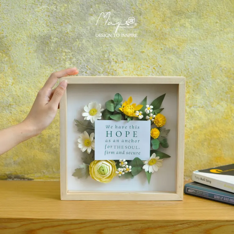 Sunny Blossom, Customized Paper Flower Painting, Handmade Decorative Painting, 25 x 25 cm, Wooden Frame, Size, Highlight for Space, Handmade Gifts