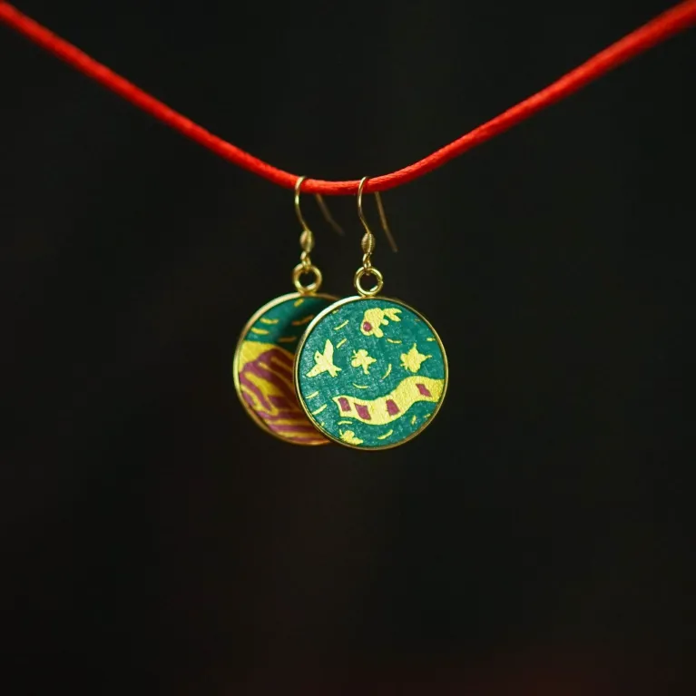 "Cầm" Metal Earrings With Hand-Drawn Leather, Beauty of Serenity, Four Arts Collection, Classical Art Earrings, Unique Accessories, Unique Gifts