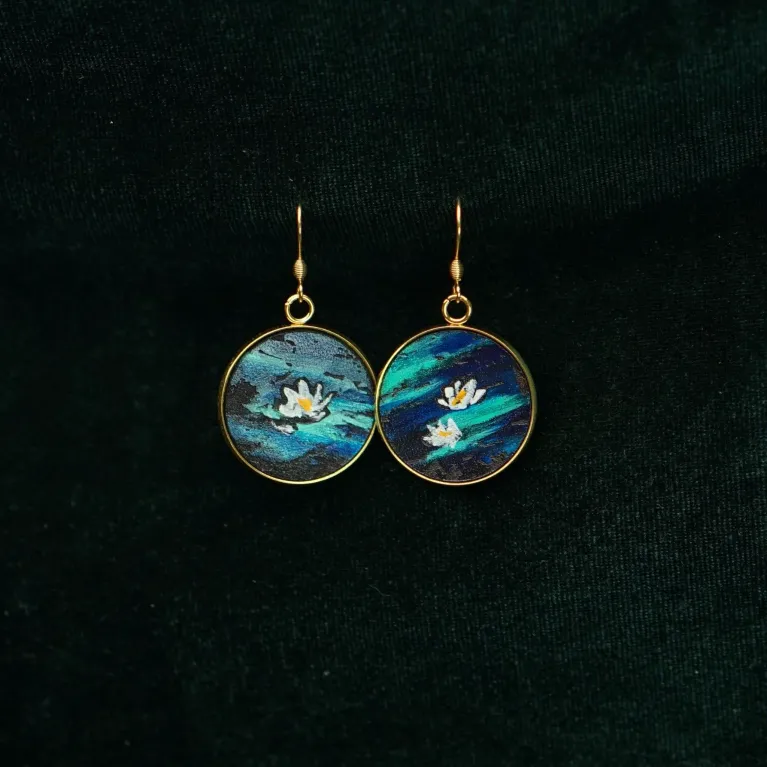 “Water Lilies” Metal Earrings with Hand-Drawn Leather, The Breath Of Nature, Famous Painting Earrings Collection, Claude Monet Artwork, Unique Gifts