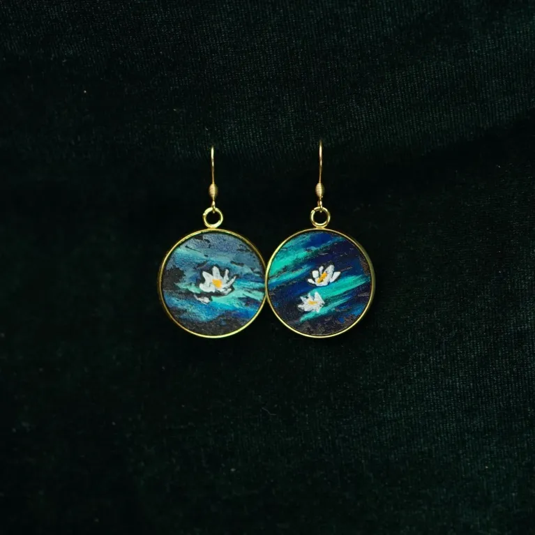 “Water Lilies” Metal Earrings with Hand-Drawn Leather, The Breath Of Nature, Famous Painting Earrings Collection, Claude Monet Artwork, Unique Gifts
