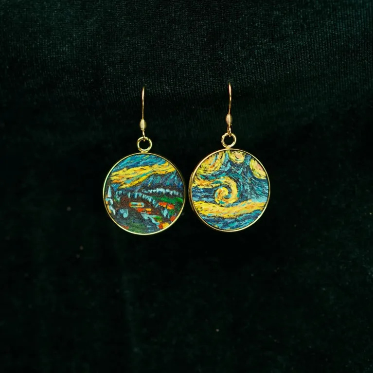 “Starry Night” Metal Earrings with Hand-Drawn Leather, Mysterious Colors, Famous Painting Earrings Collection, Van Gogh Pattern, Unique Gifts
