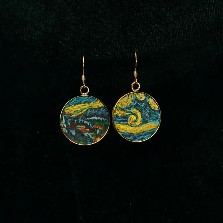 “Starry Night” Metal Earrings with Hand-Drawn Leather, Mysterious Colors, Famous Painting Earrings Collection, Van Gogh Pattern, Unique Gifts
