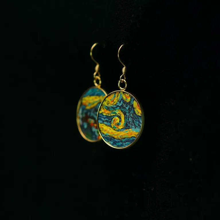 “Starry Night” Metal Earrings with Hand-Drawn Leather, Mysterious Colors, Famous Painting Earrings Collection, Van Gogh Pattern, Unique Gifts