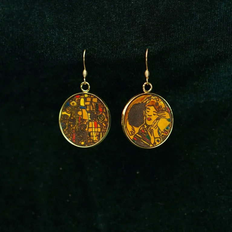 “The Kiss” Metal Earrings with Hand-Drawn Leather, Brilliant Colors of Love, Famous Painting Earrings Collection, Gustav Klimt Pattern, Unique Gifts