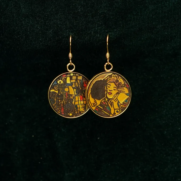 “The Kiss” Metal Earrings with Hand-Drawn Leather, Brilliant Colors of Love, Famous Painting Earrings Collection, Gustav Klimt Pattern, Unique Gifts