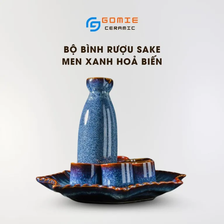 Ocean Blue Fire Glaze Ceramic Cylindrical Sake Set, Bat Trang Ceramic, The Harmony Of Aroma And Aesthetics, Bottle, Cup and Tray, Vietnamese Ceramic