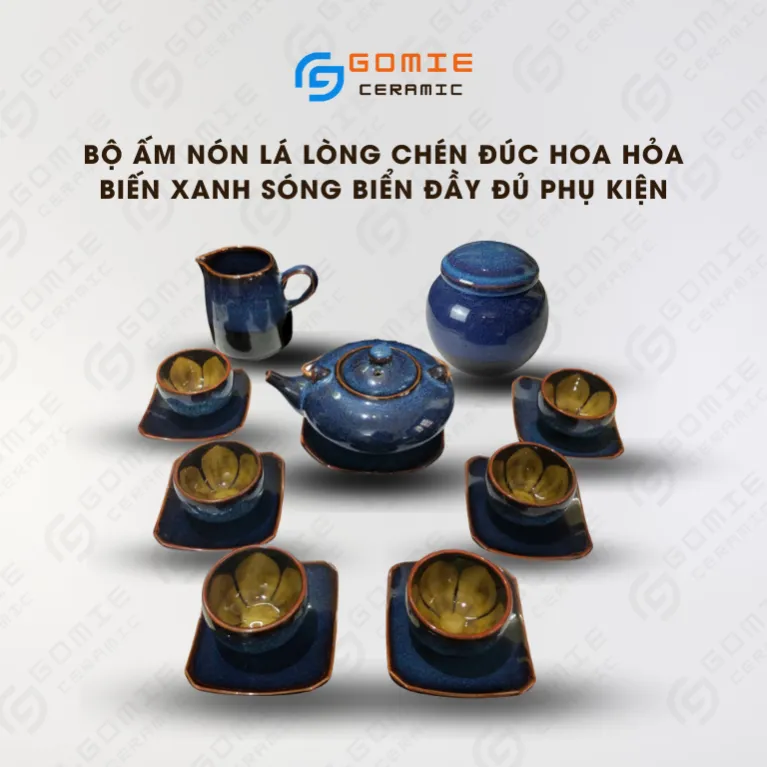 Bộ Ấm Nón Lá Men Xanh Biển Hỏa Biến 6 Món, Gốm Sứ Bát Tràng Cao Cấp, Chén Đúc Lòng Hoa, Bình Trà Gốm Nghệ Thuật, Đầy Đủ Phụ Kiện, Quà Tặng Tinh Tế