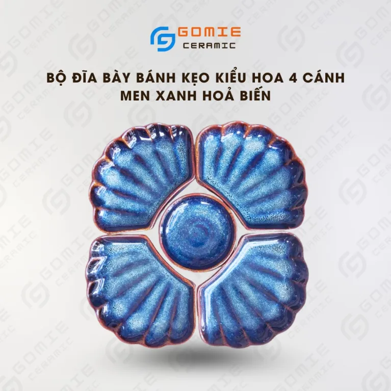 Bộ Đĩa Bày Bánh Kẹo Kiểu Hoa 4 Cánh Men Xanh Hỏa Biến, Gốm Sứ Bát Tràng, Gốm Nghệ Thuật, Trang Trí Nội Thất, Đĩa Sò Và Bát Tròn, Quà Tân Gia Tinh Tế