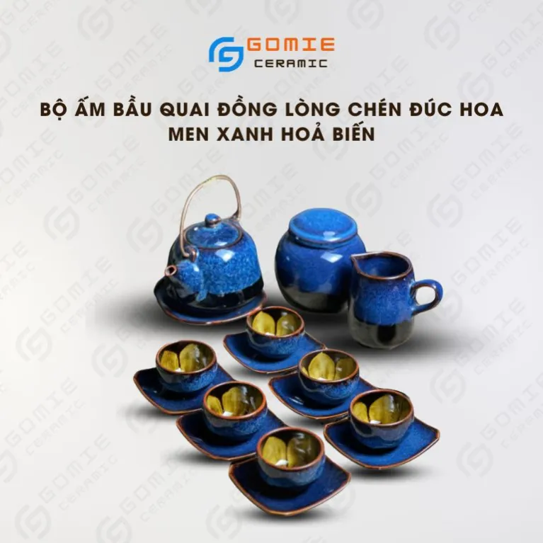 Bộ Ấm Bầu 8 Món Men Xanh Biển Hỏa Biến, Gốm Sứ Bát Tràng, Nghệ Thuật Cổ Điển, Bình Gốm Quai Đồng, Chén Lòng Hoa, Trang Trí Nội Thất, Quà Tặng Cao Cấp