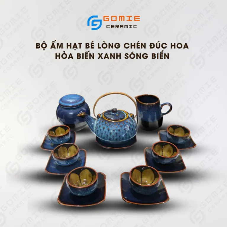 Ocean Blue Fire-Glazed Ceramic Tea Set With Bead Decor (6 Items), Beaded Ceramic Teapot, Bat Trang Ceramics, Flower Inner Cup, Vietnamese Gifts