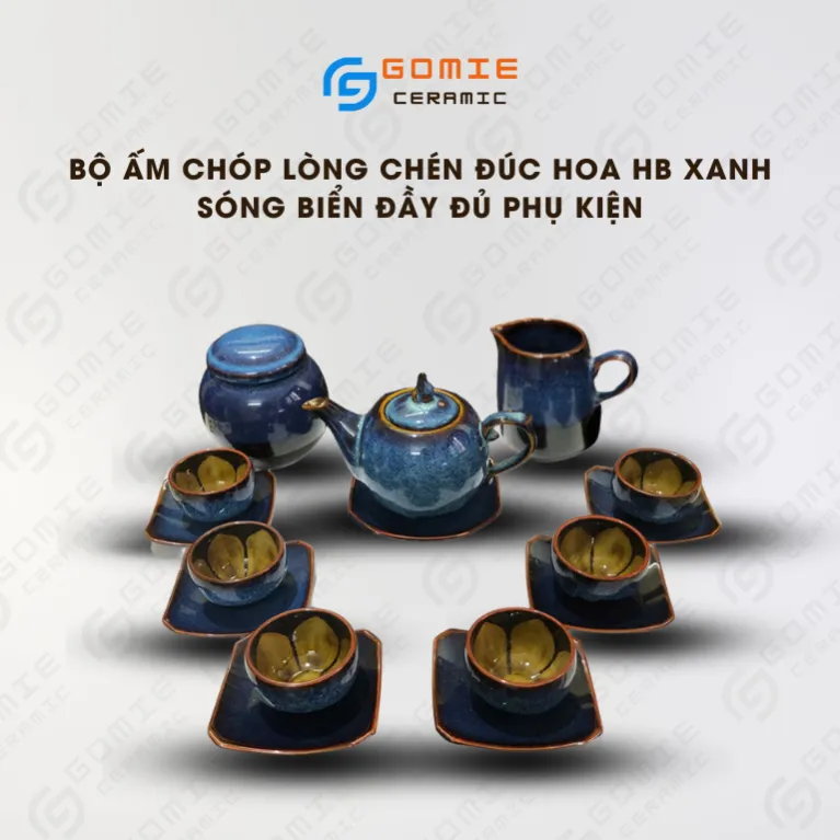Bộ Ấm Chóp Gốm Sứ Men Xanh Biển Hỏa Biến 6 Món, Gốm Sứ Bát Tràng, Chén Đúc Lồng Hoa, Bình Trà Gốm Men Hỏa Biến, Đồ Gốm Thủ Công, Quà Tân Gia Tinh Tế