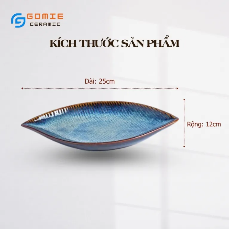 Đĩa Lá Nhọn Men Xanh Biển Hỏa Biến, 25 x 12cm, Gốm Sứ Bát Tràng, Đĩa Gốm Thủ Công Độc Đáo, Gốm Hỏa Biến, Đĩa Màu Xanh Biển, Đồ Gốm Trang Trí Bàn Tiệc