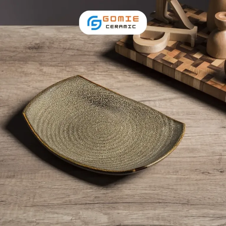 Đĩa Cắt Men Gấm Vàng Hỏa Biến, 26 x 19cm, Gốm Sứ Bát Tràng, Đĩa Gốm Cao Cấp, Khay Gốm Sứ, Thiết Kế Phá Cách, Gốm Sứ Việt Nam, Quà Tặng Tinh Tế