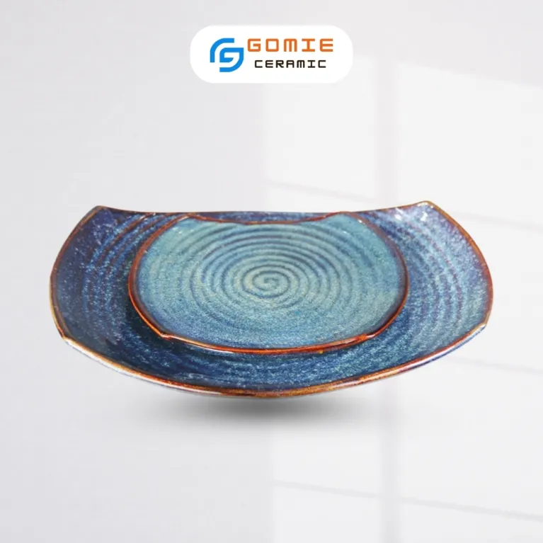 Ocean Blue Fire-Glazed 2 Corners Plate, Bat Trang Ceramics, Ceramic Plate, Curve Plate, Unique Design, Vietnamese Ceramics, Vietnamese Gifts