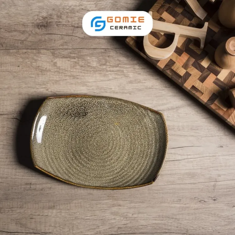 Đĩa Cắt Men Gấm Vàng Hỏa Biến, 26 x 19cm, Gốm Sứ Bát Tràng, Đĩa Gốm Cao Cấp, Khay Gốm Sứ, Thiết Kế Phá Cách, Gốm Sứ Việt Nam, Quà Tặng Tinh Tế