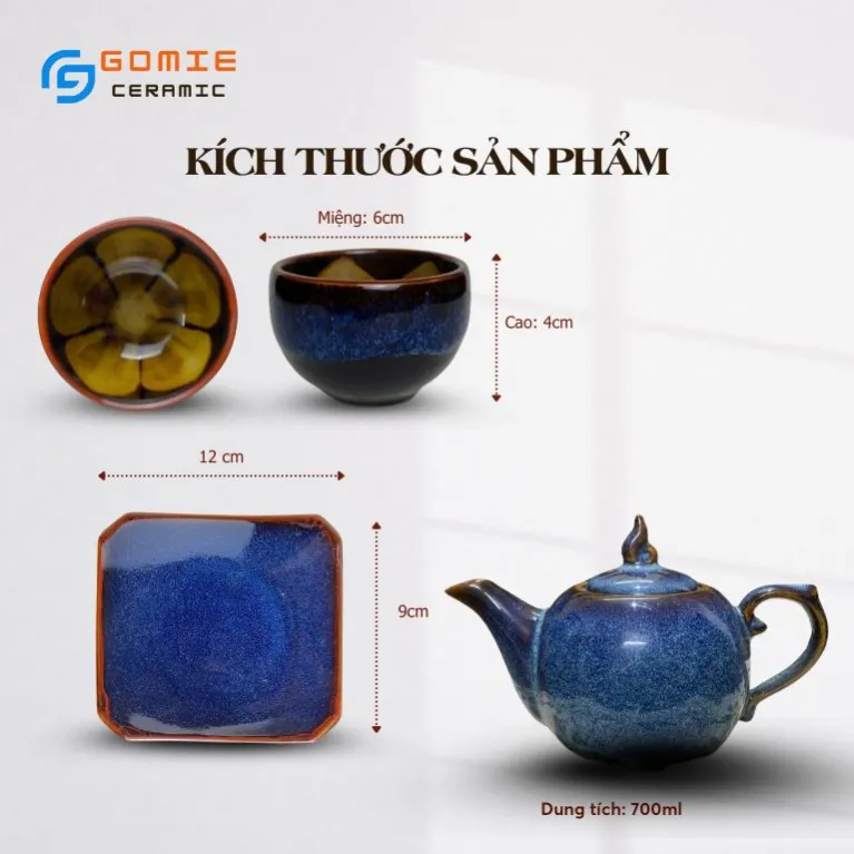 Ocean Blue Fire-Glazed Ceramic Tea Set (6 Items), Pyramid Teapot, Bat Trang Ceramics, Flower Inner Cup, Vietnamese Handmade Pottery, Vietnamese Gifts